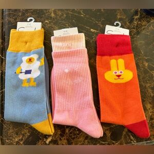 NWT MINISO   Women’s3-Pack Character Crew Socks - Blue, Pink & Orange size 6-8.5